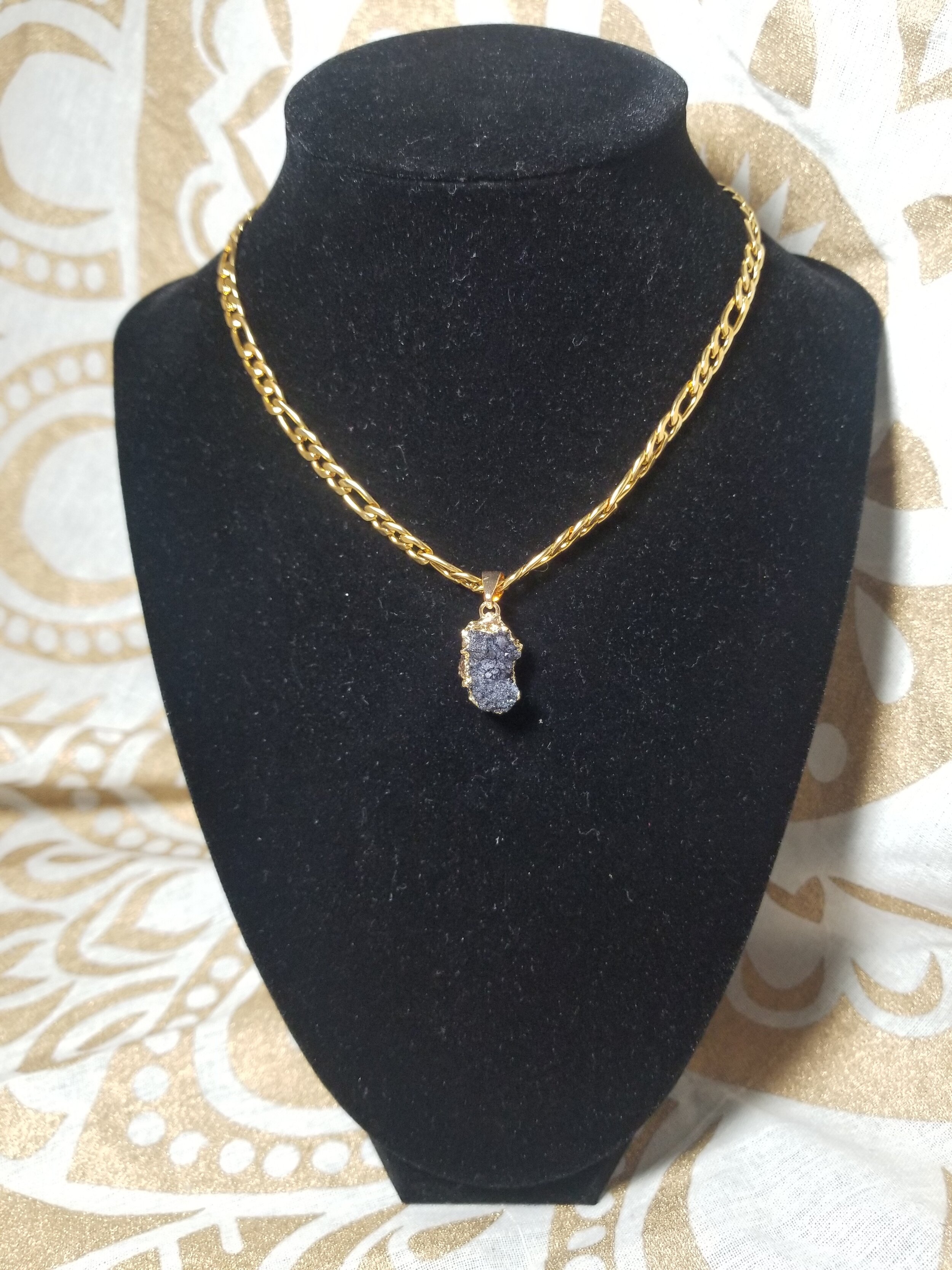 Black Druzy Cluster Pendant x 18k Gold Plated Stainless Steel 