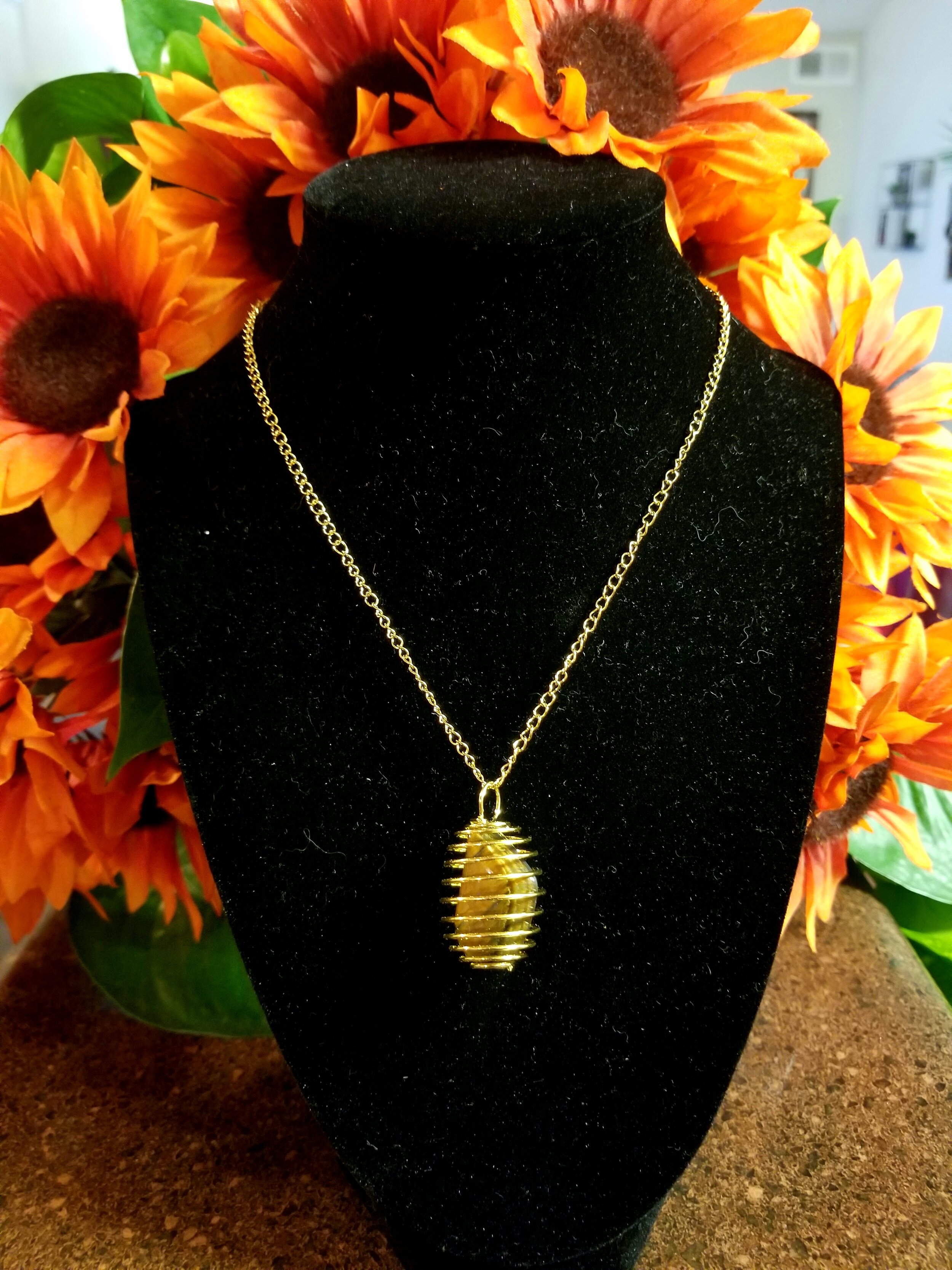 Tiger's Eye Gold Spiral Cage Necklace