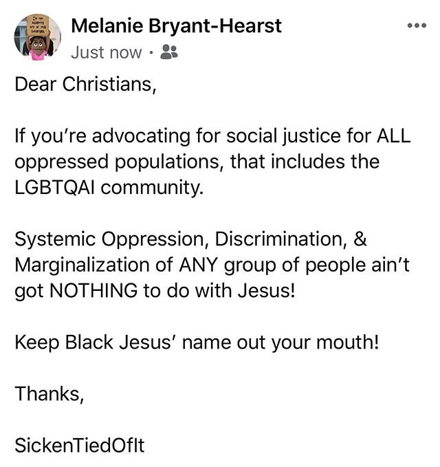 FYI
.
.
#TransLivesMatter #BlackTranslivesMatter #NothingToDoWithJesus #FightingAllOppression #AskThePreachersWife