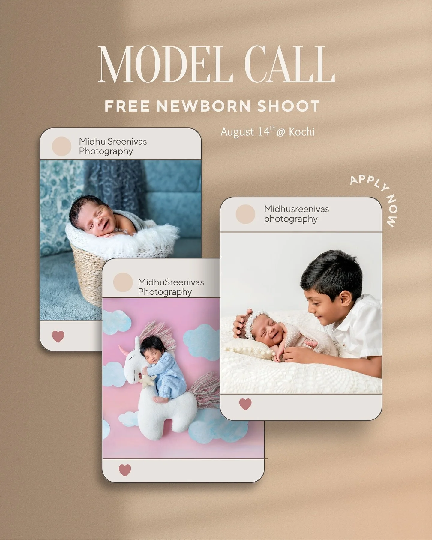PARENTS OF NEWBORNS &mdash; THIS ONE&rsquo;S FOR YOU! ✨👶

We&rsquo;re looking for one tiny superstar (under 15 days old) to be part of a FREE professional newborn photoshoot in Kochi on August 14th 💕

✔ No fees &ndash; it&rsquo;s completely free!
✔