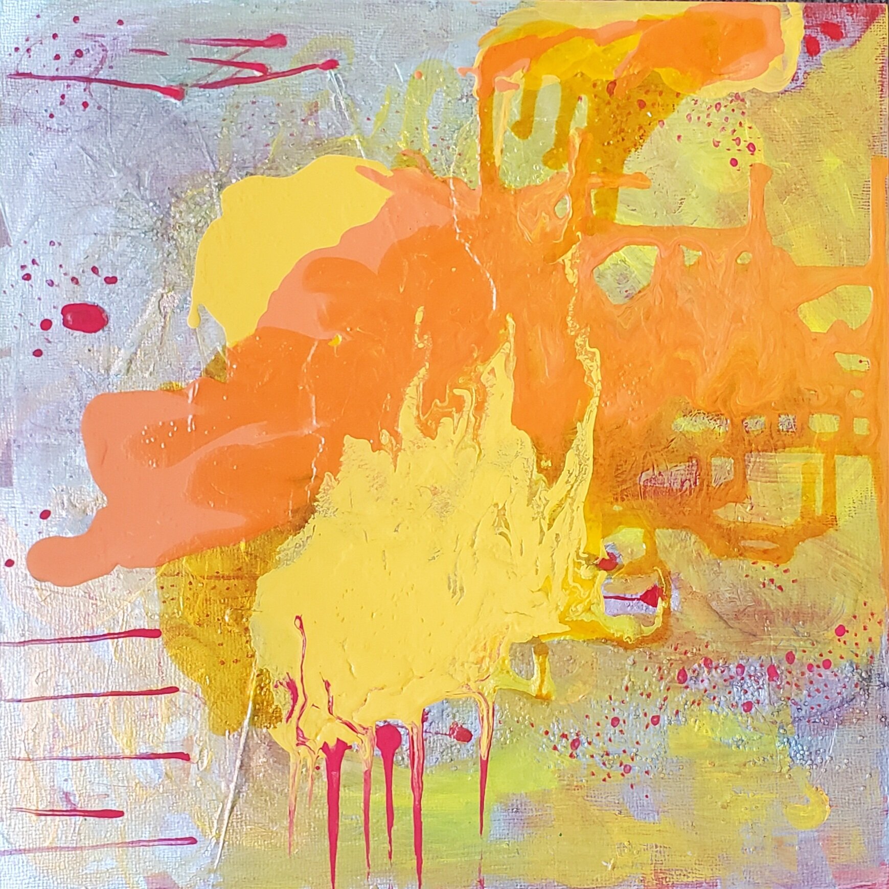 Yellow 1, acrylic, glitter, and emergency blanket on panel, 12x12, 2021