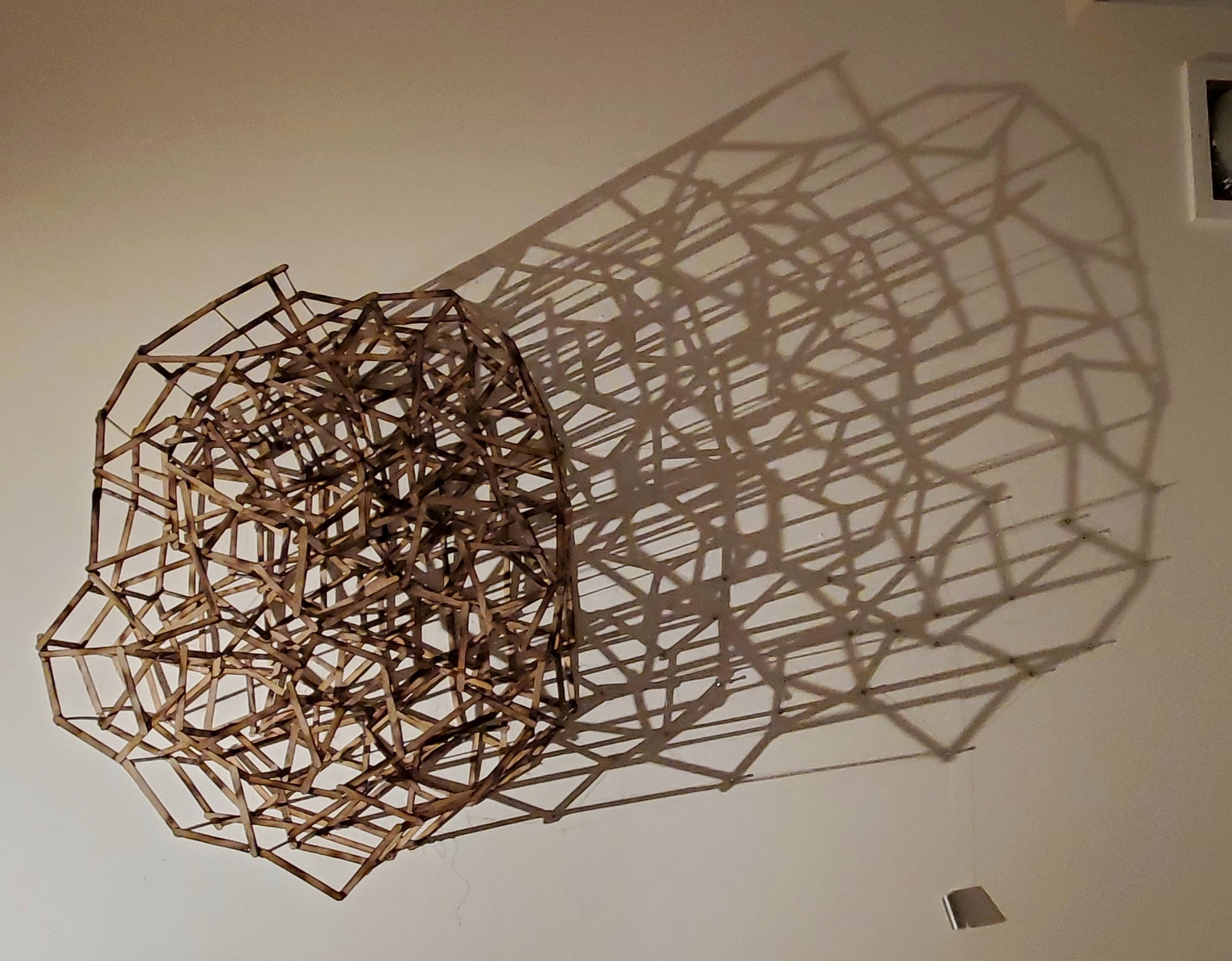 mapping her heartbeat, popsicle sticks, hot glue, shadow, thread, push pins, 32"x40"x10"d. (Study)