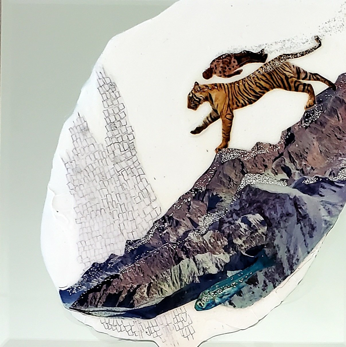 Collaged dream, Tiger Squared, collage over gesso cloud on mirror, 6"x6"x1.5", 2022