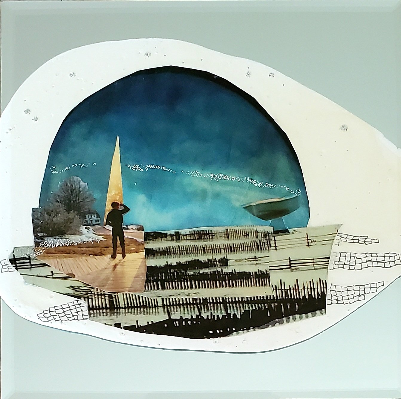 Collaged dream, Sky Mirage, collage over, gesso cloud over mirror, 6"x6"x1.5", 2022