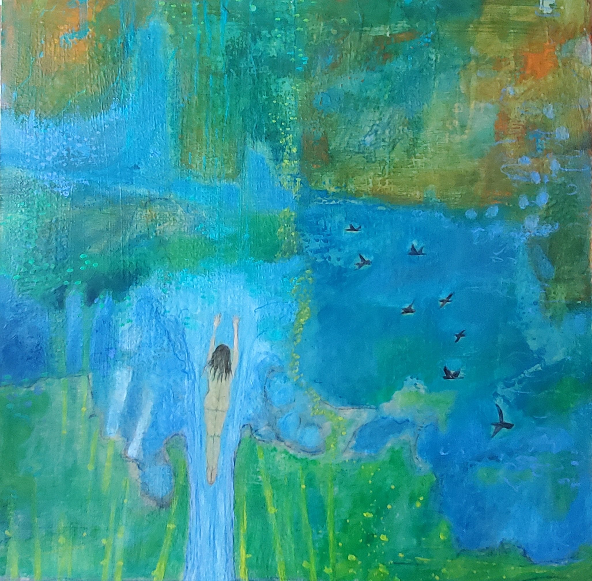 In the wake of a dream, girl, oil and hot wax on panel, 24x24, sold