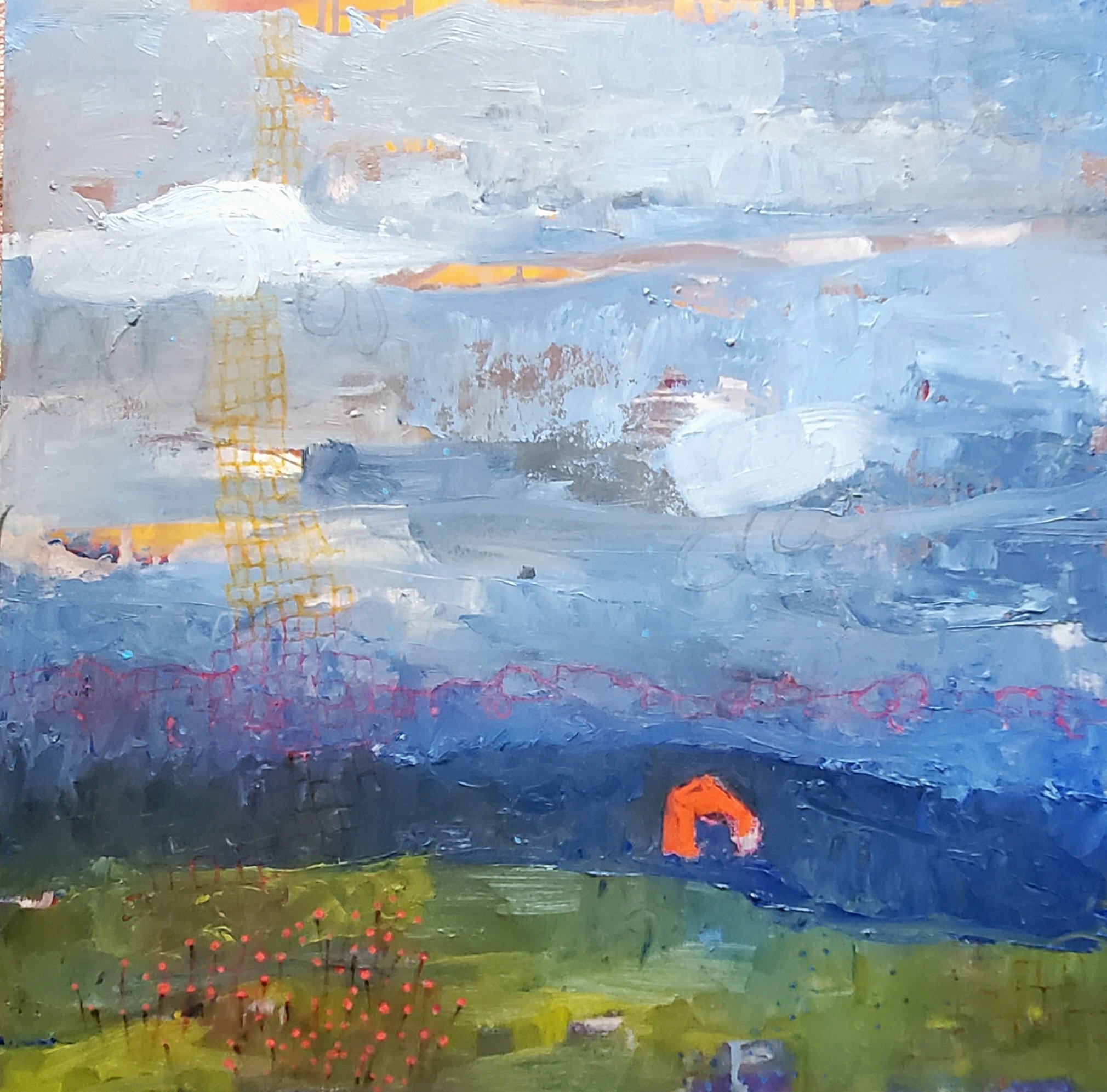 Red shed and sunset shower,  oil on panel, 20x20, 2022, $500