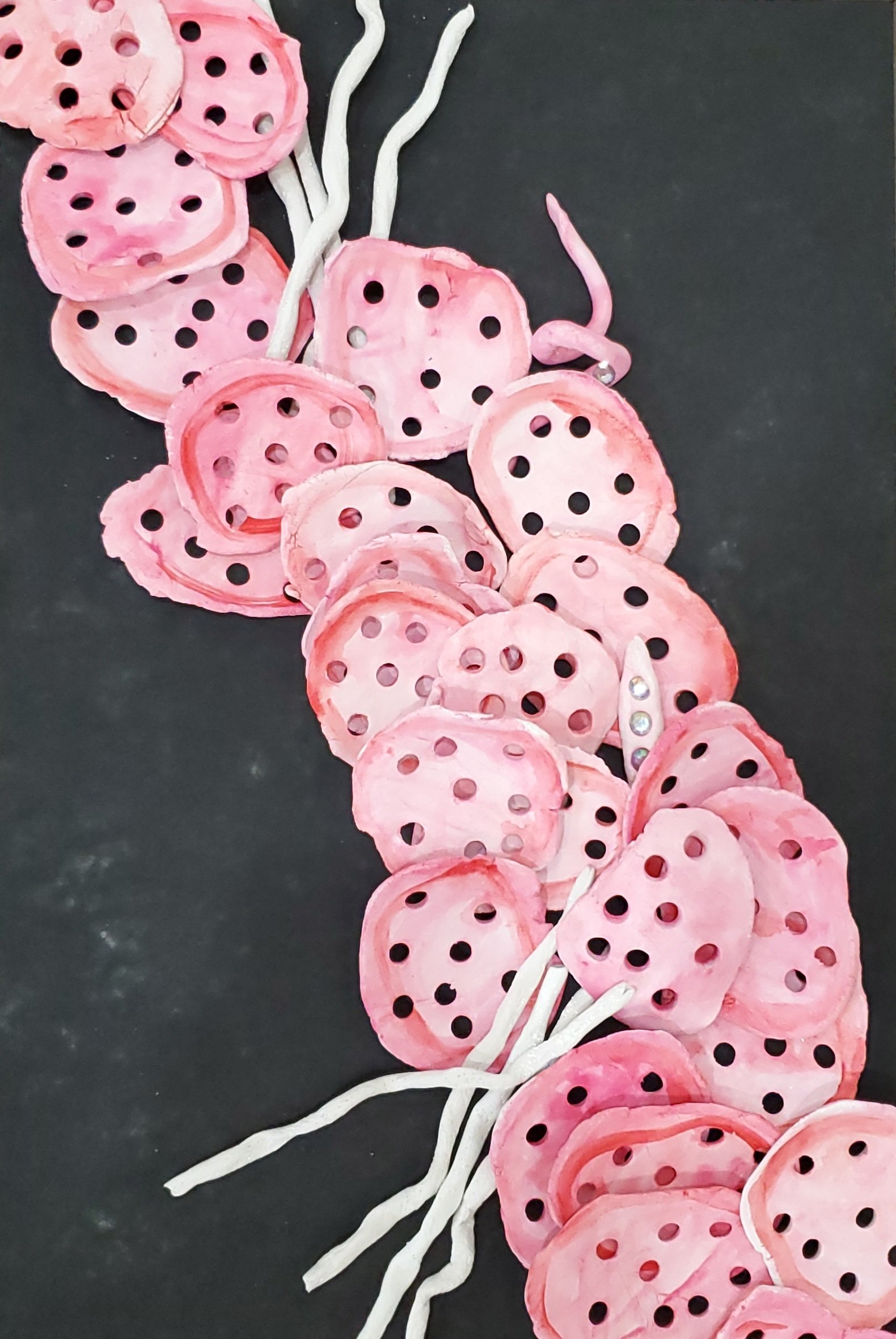 Pink shells from the sea, Italian fiber clay, rhinestones, gouache, installation: 12"x20', 2023