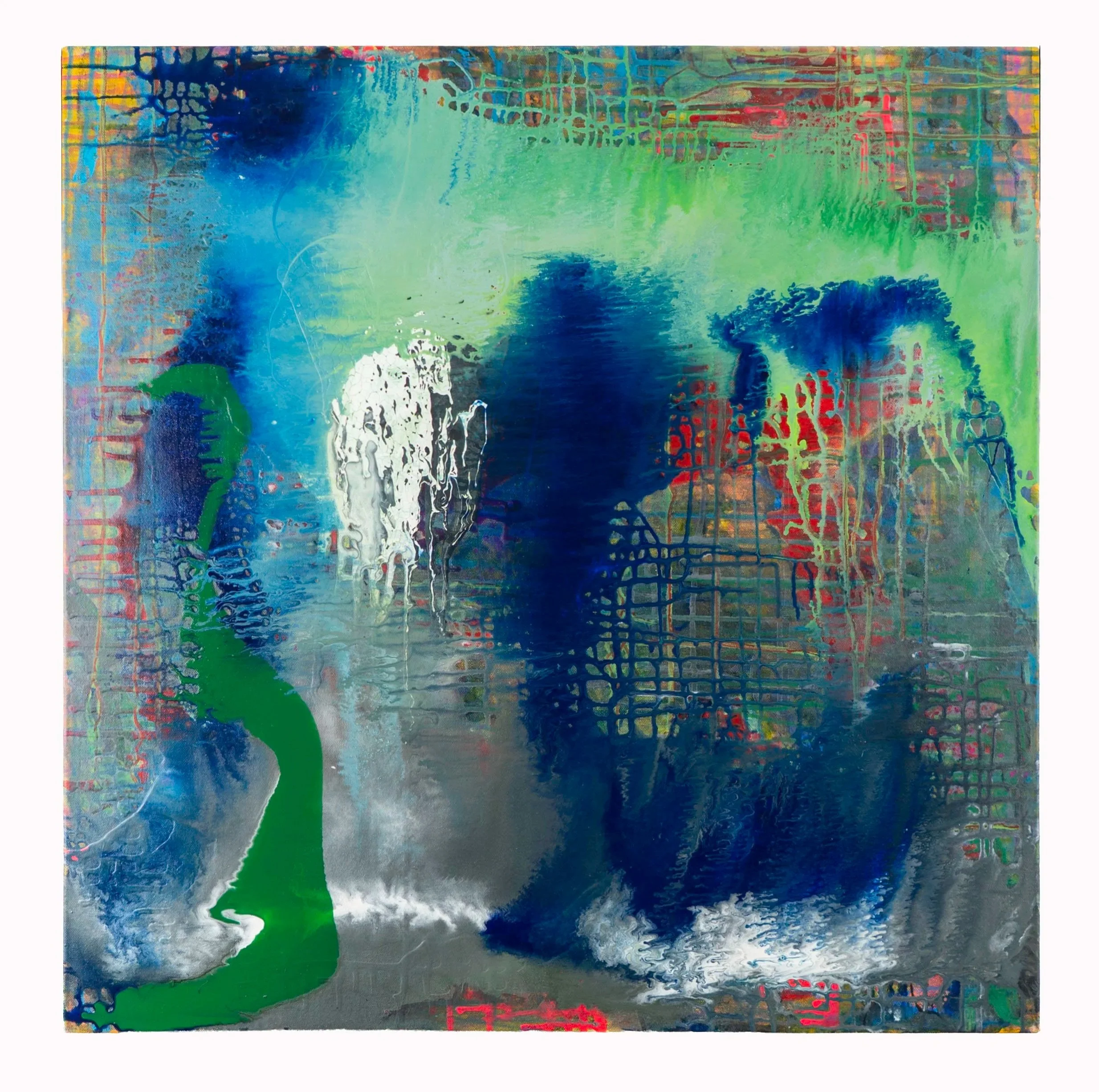 listening for land, acrylic on canvas, 36x36, 2026, $1600