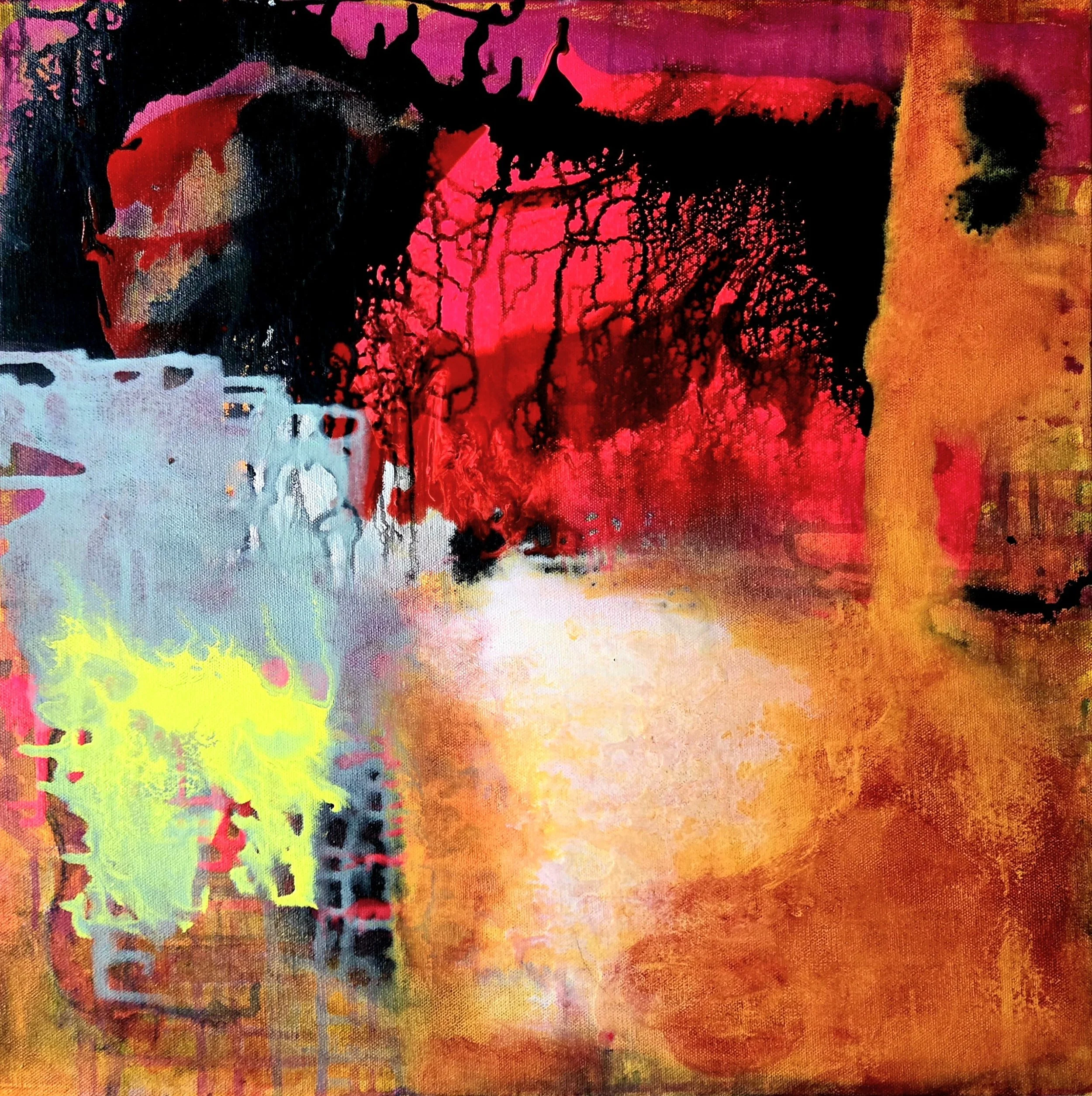 New Mexico fire sunset, acrylic on canvas, 20x20, 2025, $600