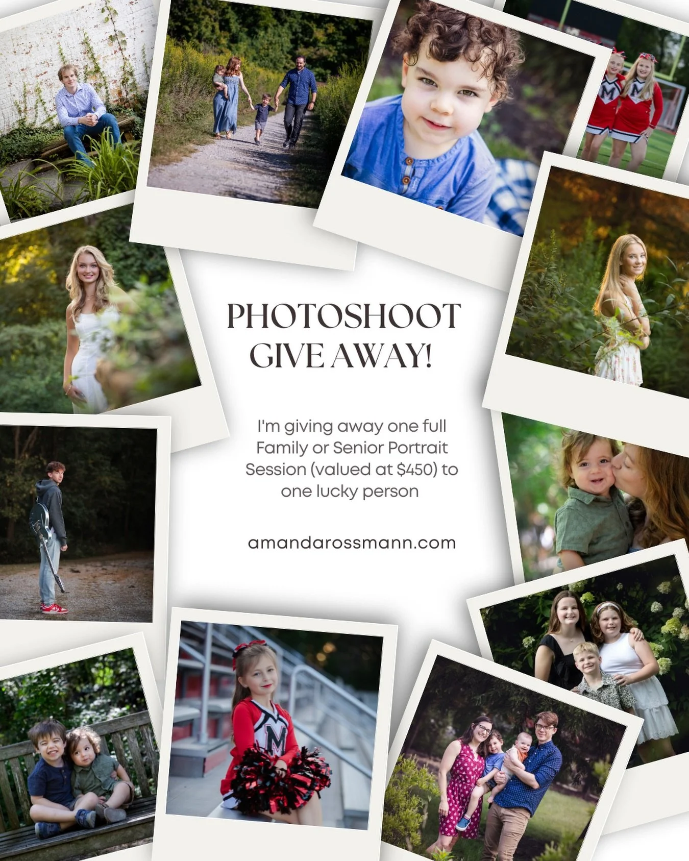 It&rsquo;s my birthday, and I want to do a giveaway to celebrate!

I&rsquo;m giving away one full Family or Senior Portrait Session (valued at $450) to one lucky person!

To enter: 
1. Follow this page. 
2. Like this post.&nbsp;&nbsp;
3. Tag someone 