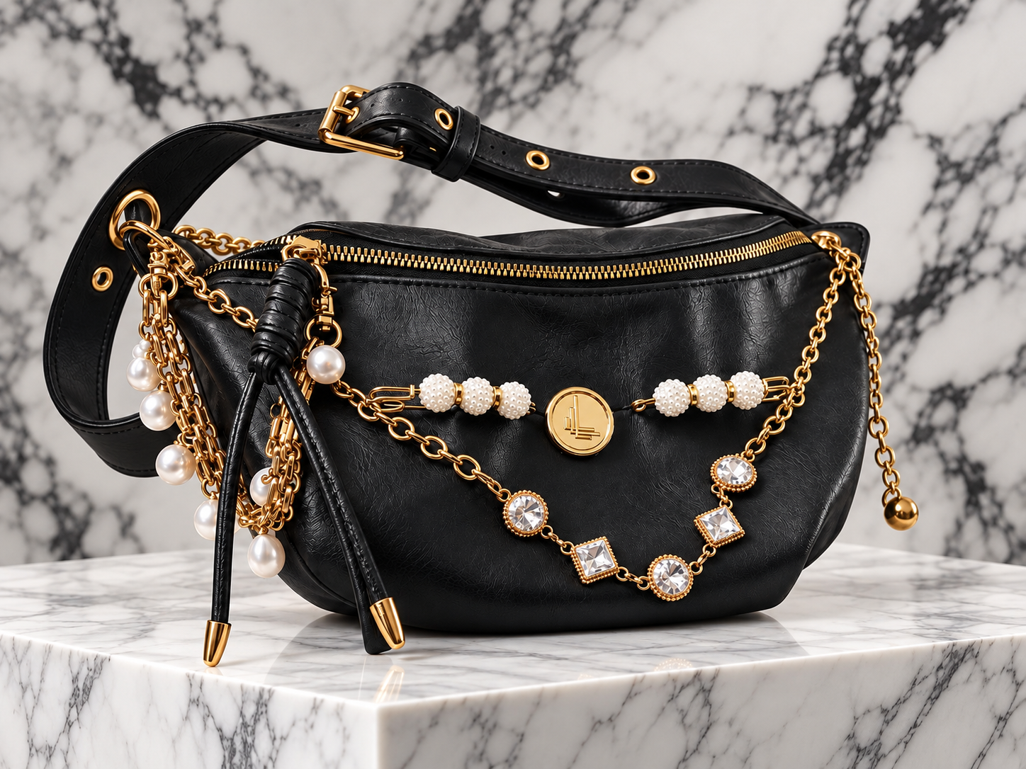 LULLON Black Pearl Chain Cross Body Bum Bag