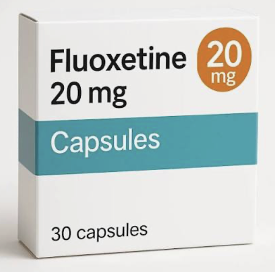 Box of fluoxetine 20 mg capsules, an SSRI antidepressant, one of the medications that may affect dental implant healing