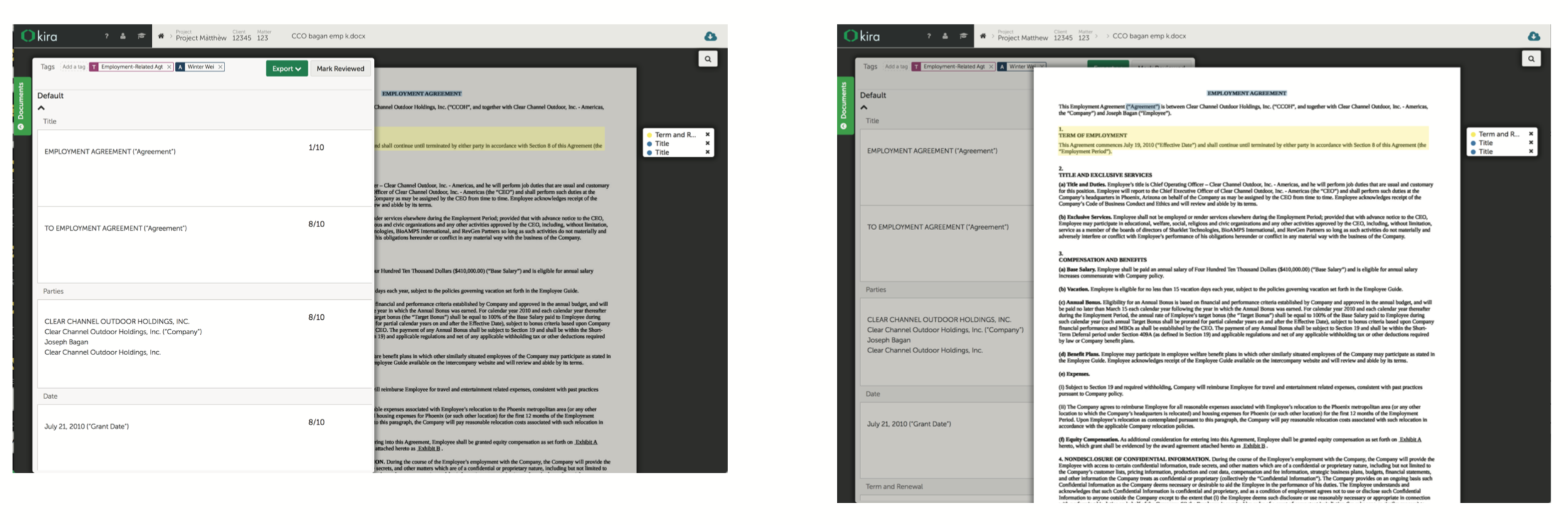 The previous version of document viewer, where the document and summary pane overlay on top of each other as a solution to responsiveness. This creates some usability and aesthetic issues.