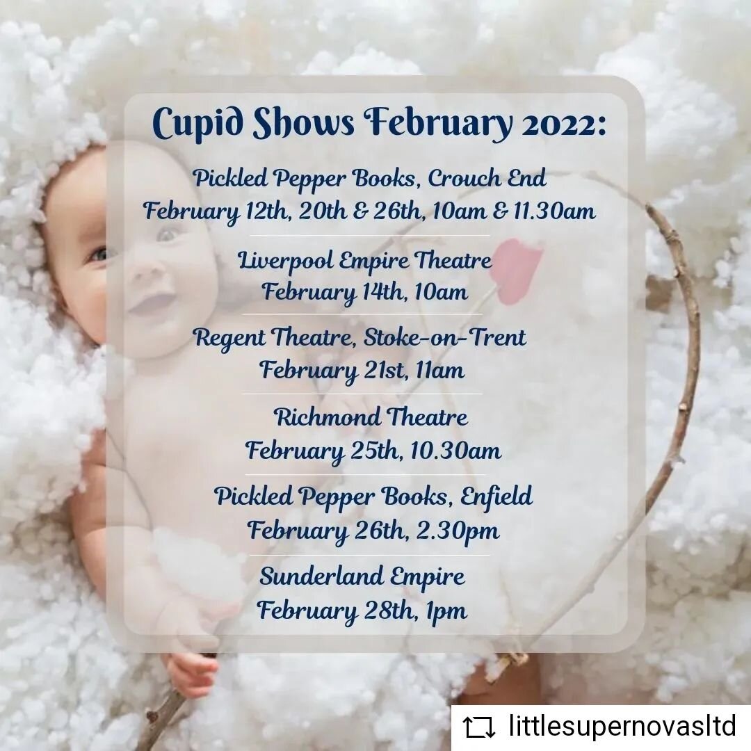 #REPOST @littlesupernovasltd  This month we have a brand new show: Cupid! 
We are at @pickledpepperbooks, @liverpool_empire, @regandvic, @richmondtheatre, @pickledpepperenfield &amp; @sundempire! 
Join us for #sensory #interactive fun up in the cloud