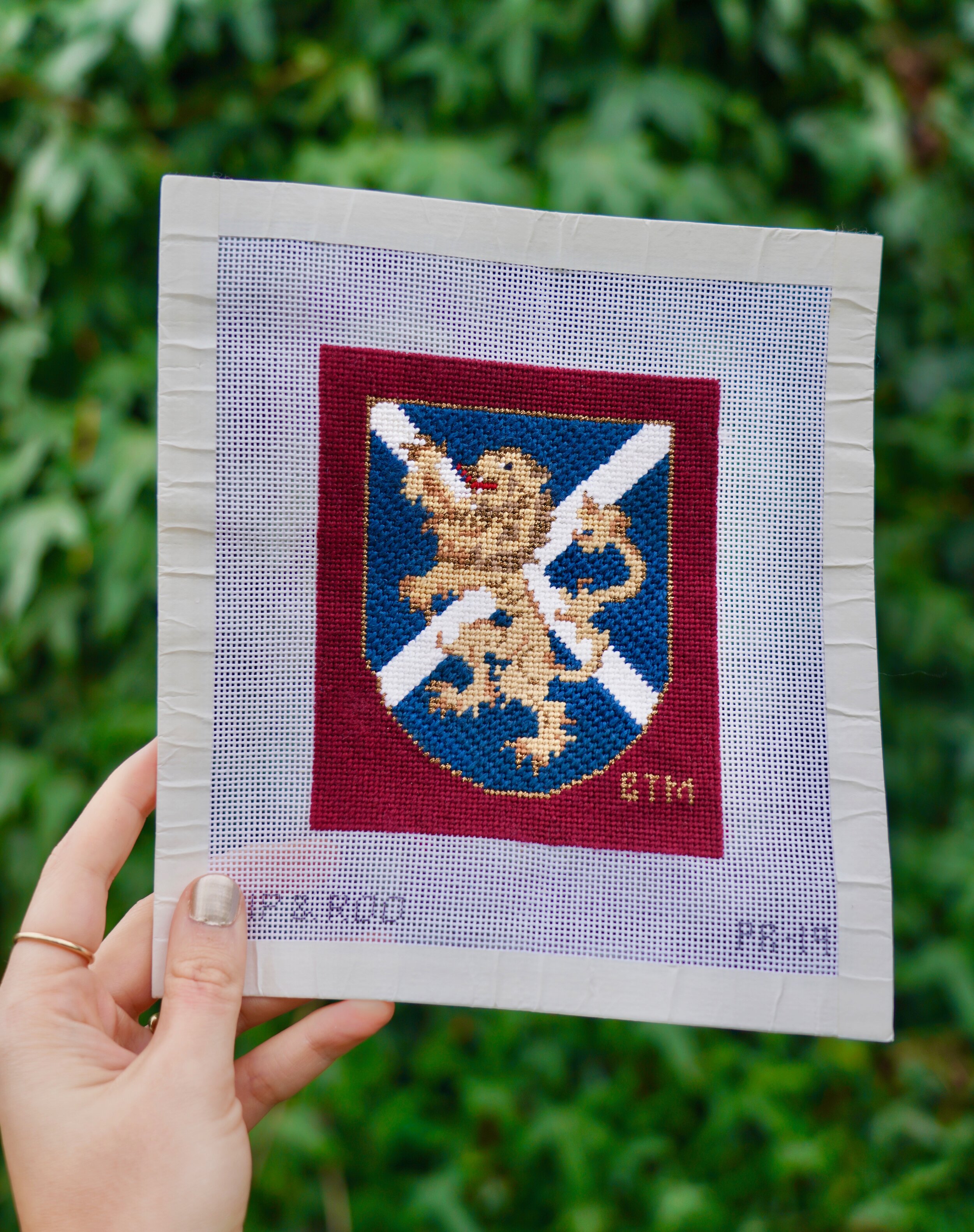 Rampant Lion by Pip &amp; Roo Needleworks. Personalized with a gold border, burgundy framing and golden initials- think that I might have this matted and framed for a future gallery wall!
