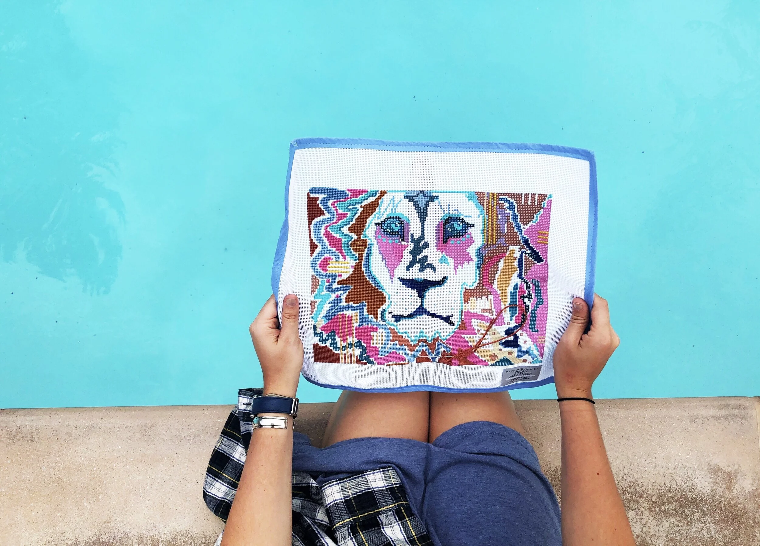 Brooke Stitching Simba By The Pool.JPG