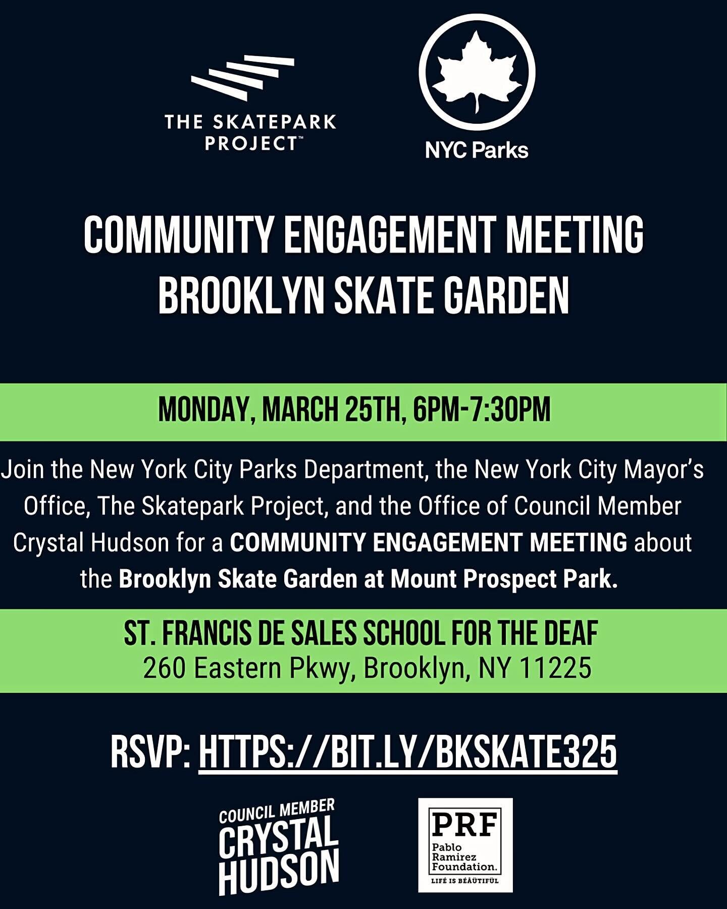 Calling all NYC Skaters!!! Community Meeting to Support @brooklynskategarden 
Monday March 25th (6-7:30 pm)
 
Let your voices be heard 📣
The Pablo Ramirez Foundation has been advocating for building the @brooklynskategarden since 2019. This project 
