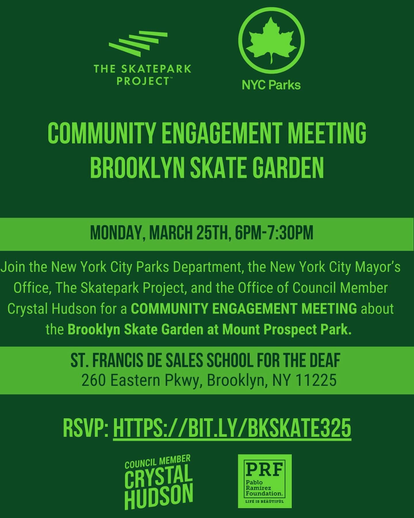 NYC Skaters use your voices to rally to support BSG, a project of the Pablo Ramirez Foundation, at our Community Meeting Mon 3/25 
at 5:30 p.m.
 
Tomorrow join us along with our skate advocates, our elected officials, the NYC Parks Dept. 
and more.
 
