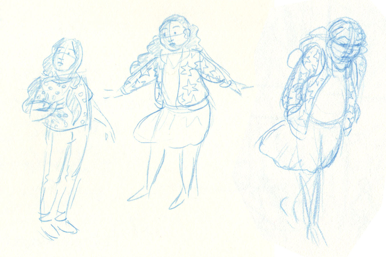 Sample character sketches of Camila and Rosanna from “Hurricane Magic”, 2019