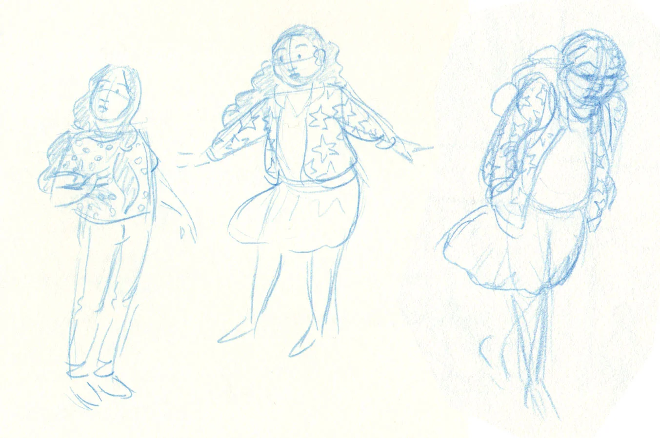 Sample character sketches of Camila and Rosanna from “Hurricane Magic”, 2019