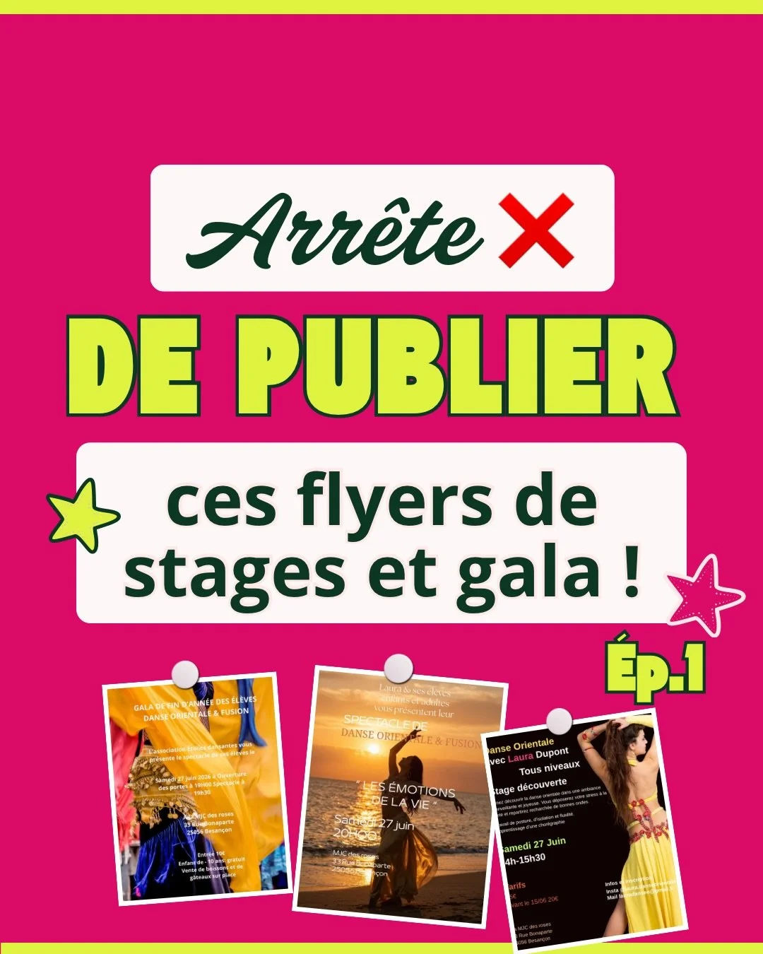 ‼️Ton flyer de stage m&eacute;rite mieux que &ccedil;a. Swipe et coche les 5 premi&egrave;res r&egrave;gles design que toute prof de danse orientale doit conna&icirc;tre. 

👇 Commente TEMPLATE et je t&rsquo;envoie 4 templates Canva sp&eacute;cial da