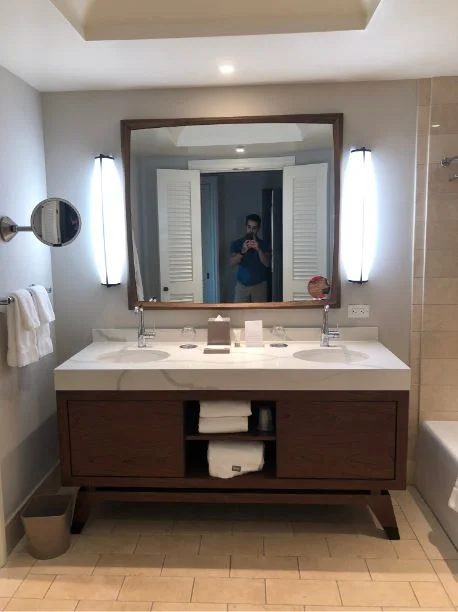 Clean, fancy bathrooms with double-sinks to keep your marriage alive and well. :)