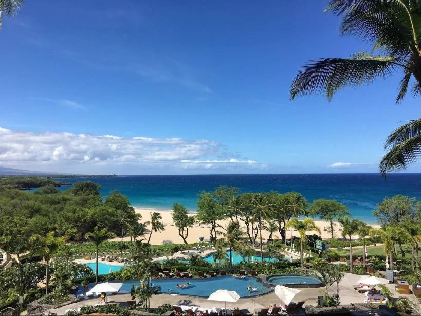 View from Ikena Landing out to both the kids and adult pools and the pristine Hapuna Beach