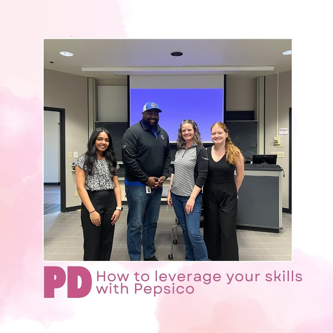 We held PD with Pepsico and WIB Wednesday with Kohler last week!
.
At PD, we learned about non conventional tracks into upper management at a consumer product company like Pepsico, and utilizing relationships and skills to propel ourselves into the p