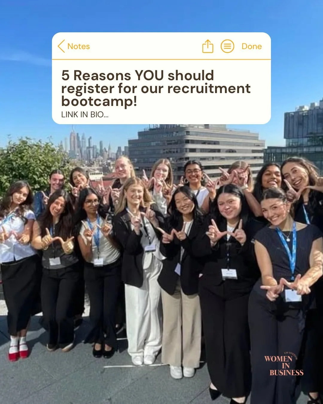 Starting to think about internships but don&rsquo;t know where to begin?
Join Women in Business for our Recruitment Bootcamp on April 14th 5:30PM-8:00PM-an interactive event designed to help you navigate recruiting with confidence. Learn timelines, p