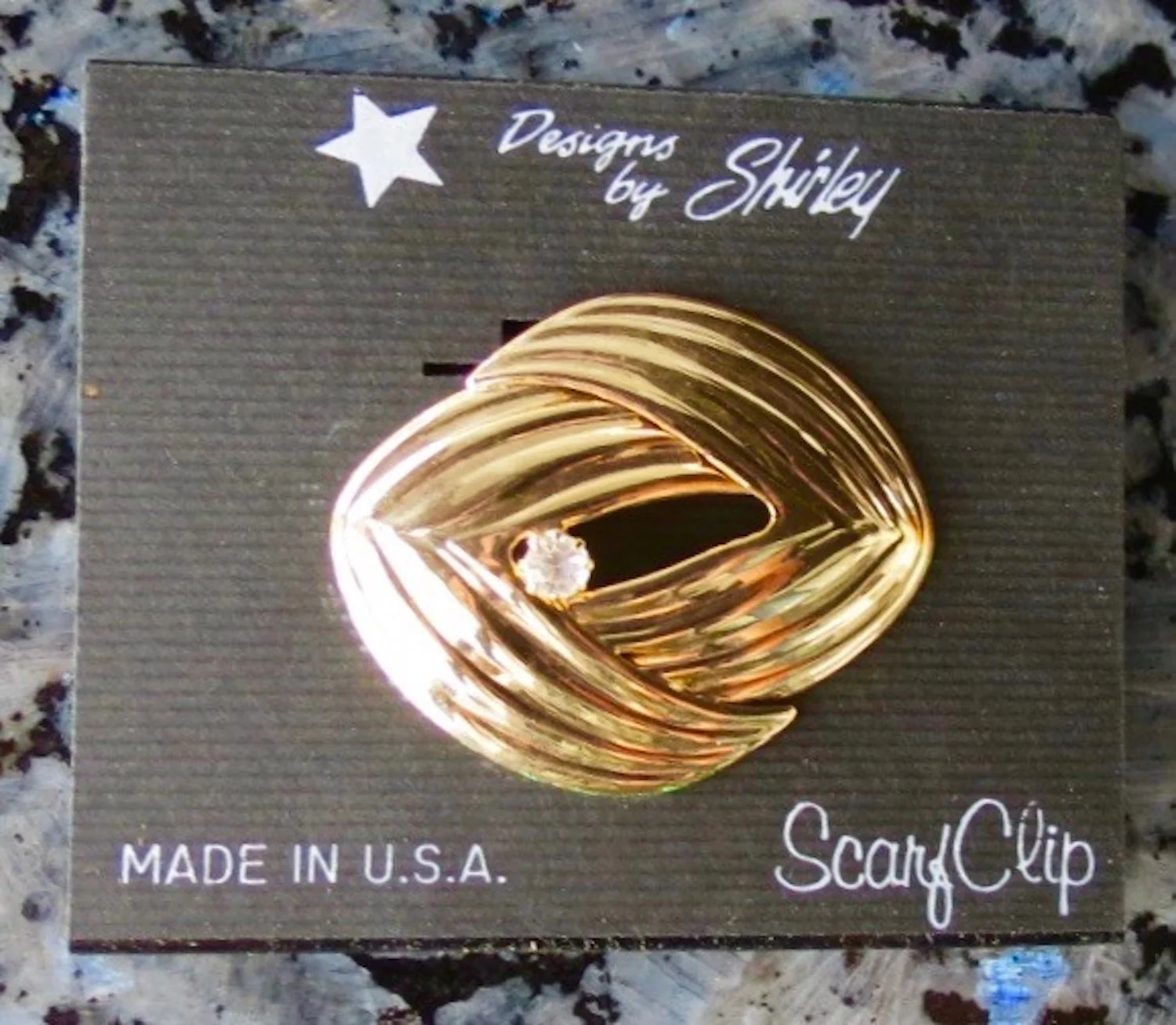 Jeri-Lou Carded Scarf Clip Gold Double Drape Rhinestone