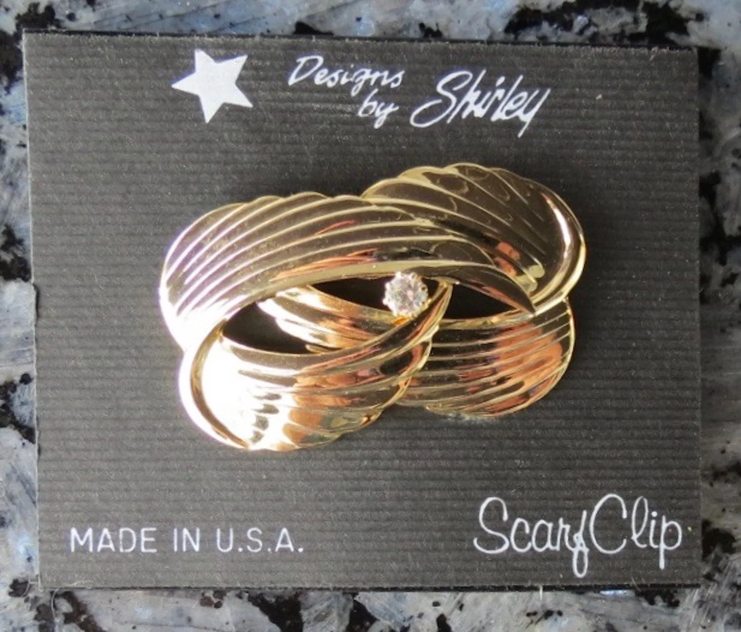 Jeri-Lou Carded Scarf Clip Gold Drape Center Rhinestone