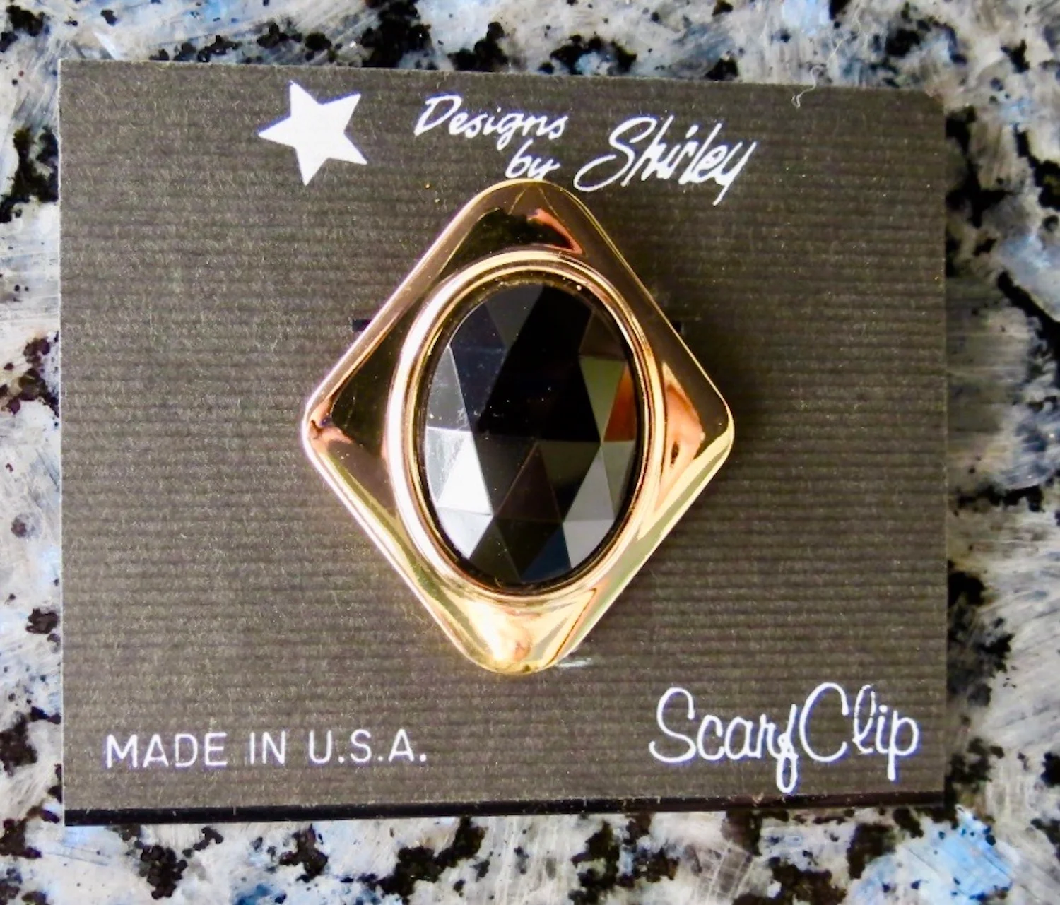 Jeri-Lou Carded Scarf Clip Gold Diamond Faceted Black Cab