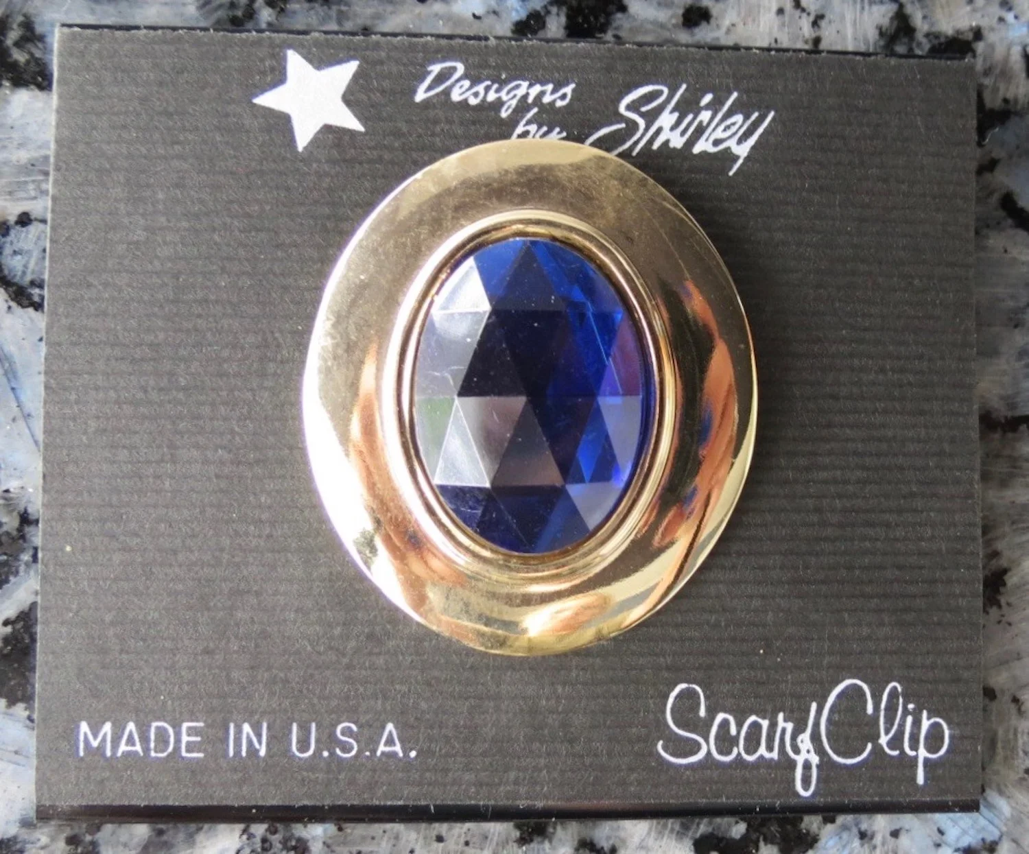 Jeri-Lou Carded Scarf Clip Gold Oval Blue Faceted Gem