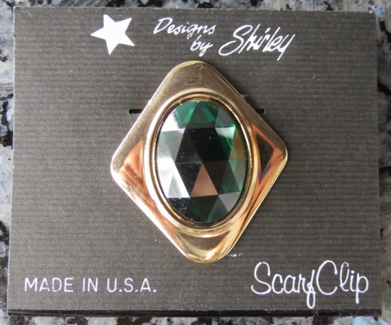 Jeri-Lou Carded Scarf Clip Gold Diamond Emerald Cab