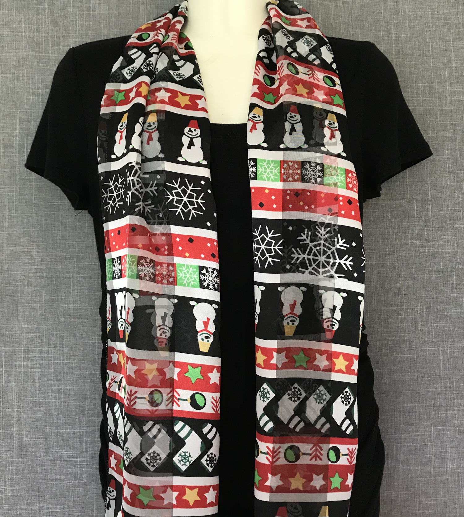Oblong Satin Christmas Scarf Black White Snowmen