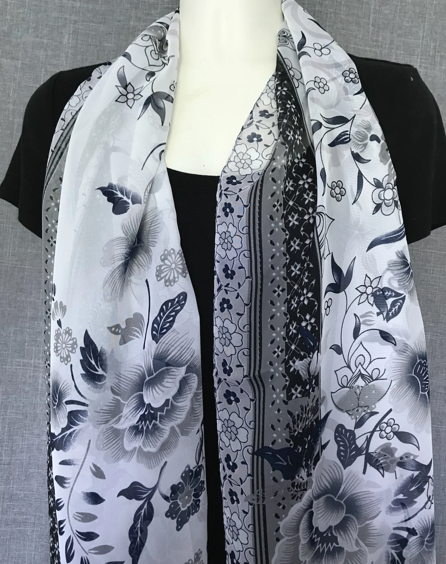 Chiffon Oblong Scarf Floral Blue and Gray