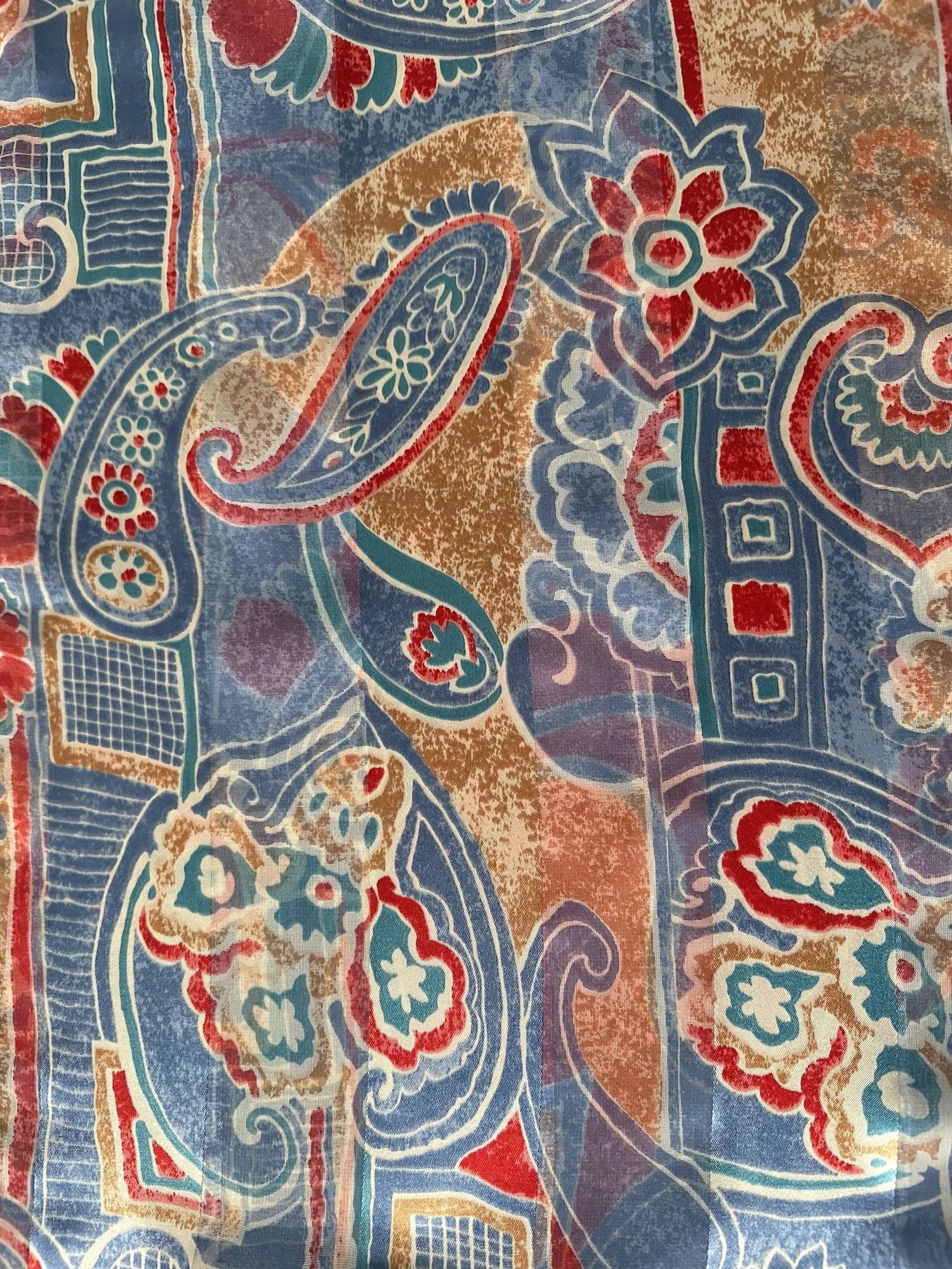 Oblong Satin Scarf Paisley Blue Red Tan