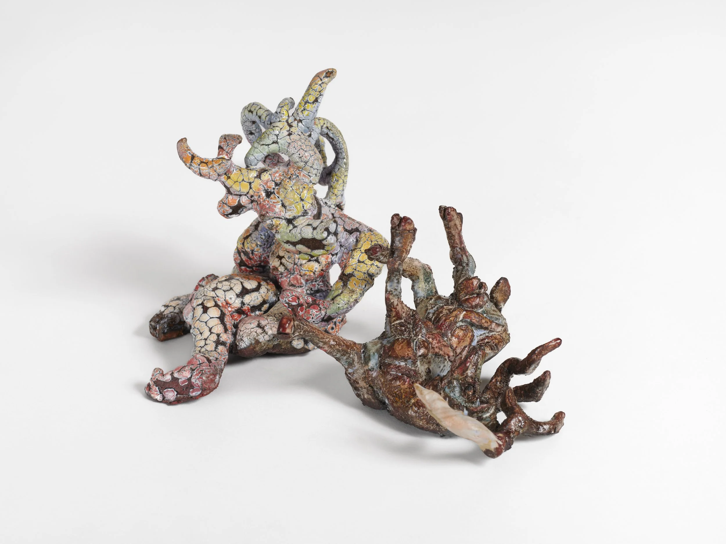 Deer and Saint Protector, 2025, glazed ceramic, 6 x 8 x 9 inches