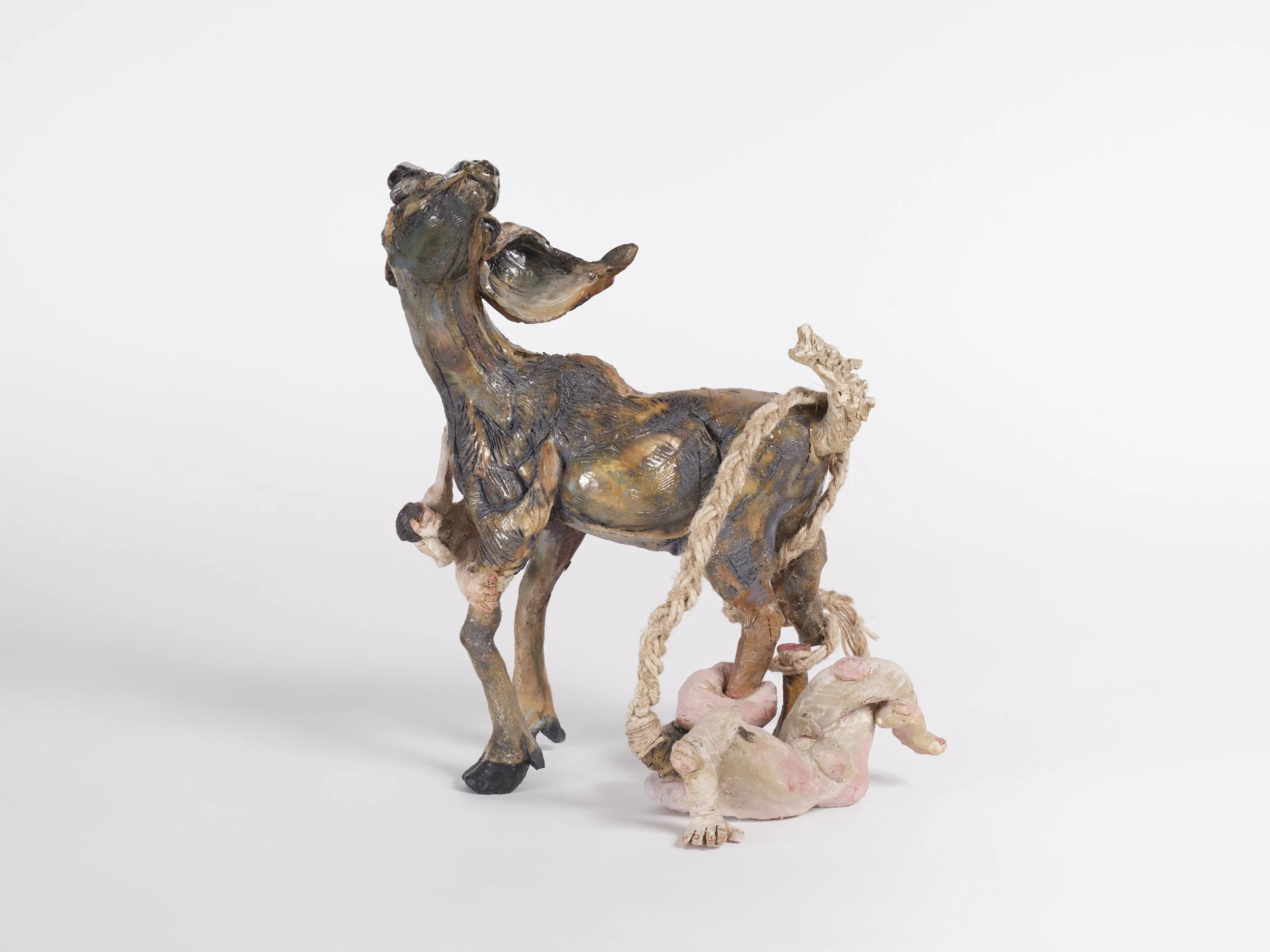 Deer Deliverance, 2024, glazed ceramic, twine, 12 x11 x 9 inches
