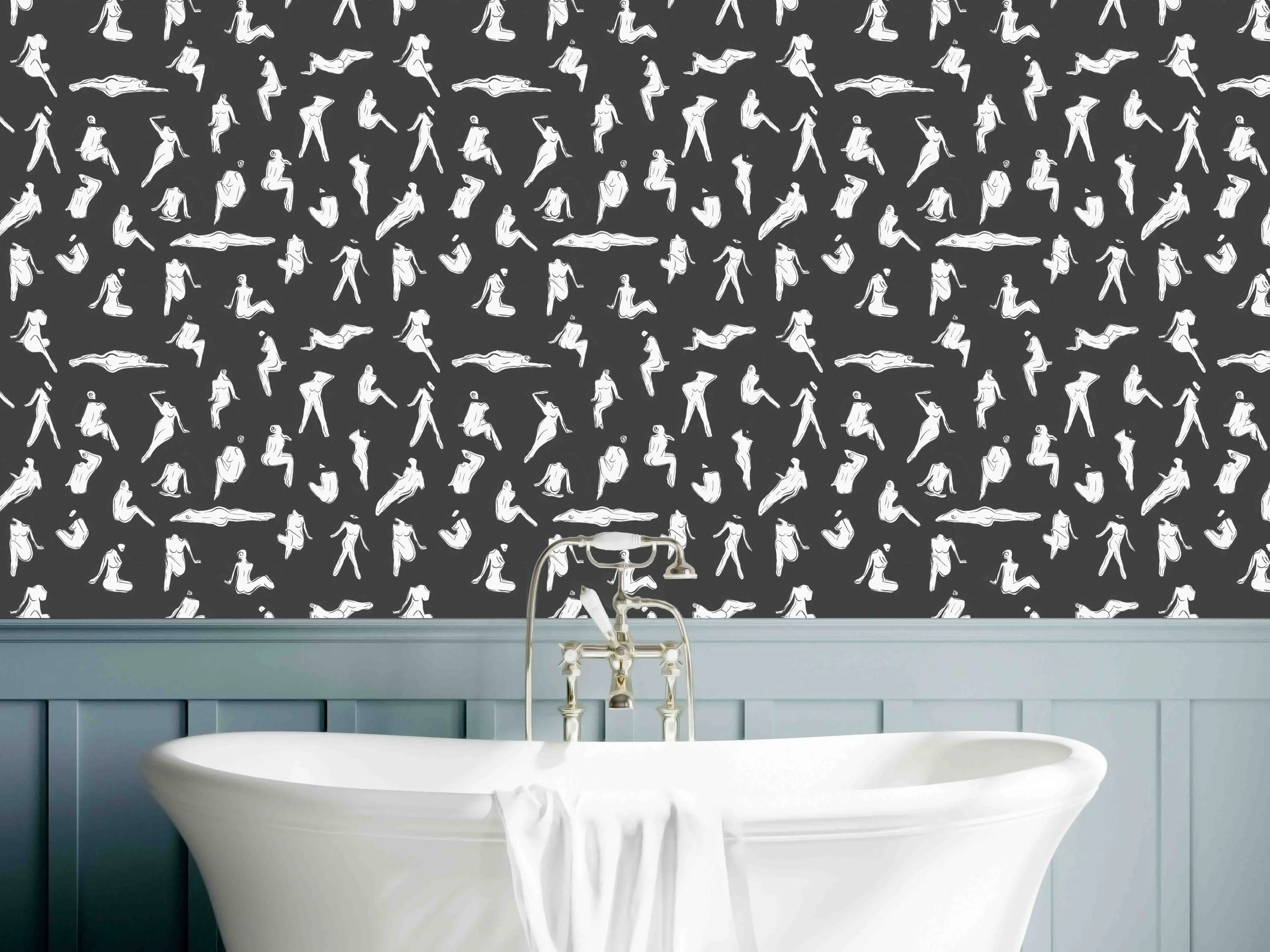 CC-126_NudeNo26_Wallpaper_MitchellFineArt_Modern_Painted_FemaleFigures_Choarcoal_Black_CoveredCollaberative_MockupBathroomTub.jpg