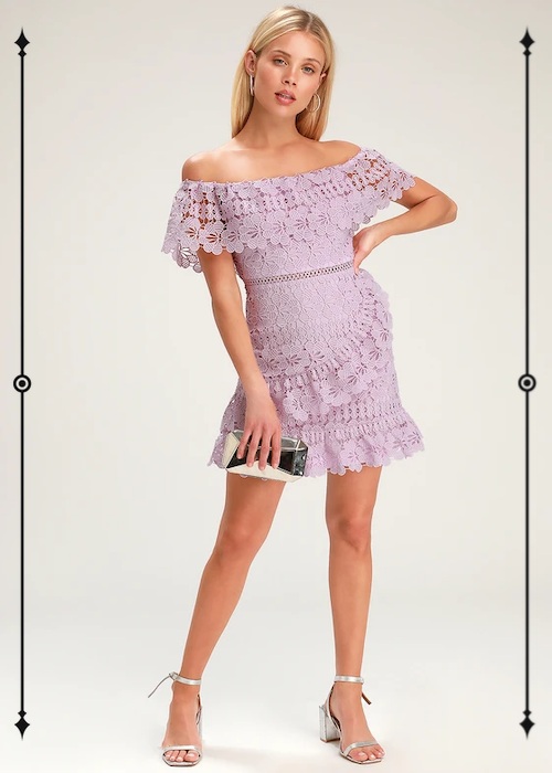   Lulus Frill and Grace Lavender Lace Off-the-Shoulder Dress  ($54, on sale from $67) 