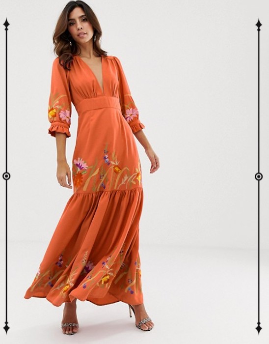 ASOS Design Plunge Neck Maxi Dress With Border Embroidery ($87)