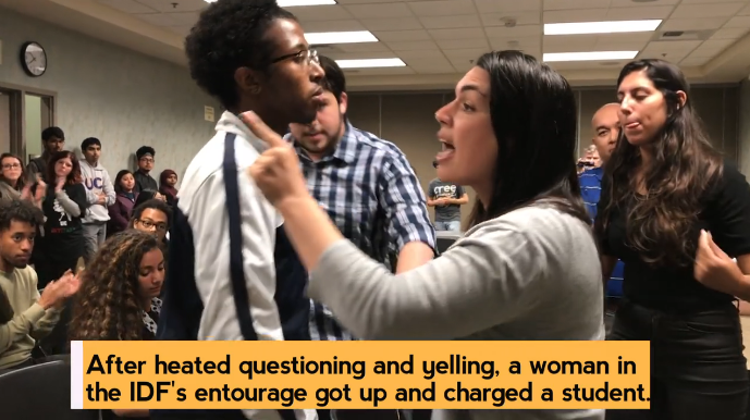 JEWISH VOICE FOR PEACE’S VIDEO FEATURES FOOTAGE OF THE HARASSMENT BY ISRAELI SOLDIERS AND THE Q&A SESSION IN MAY, SHOWN ABOVE.