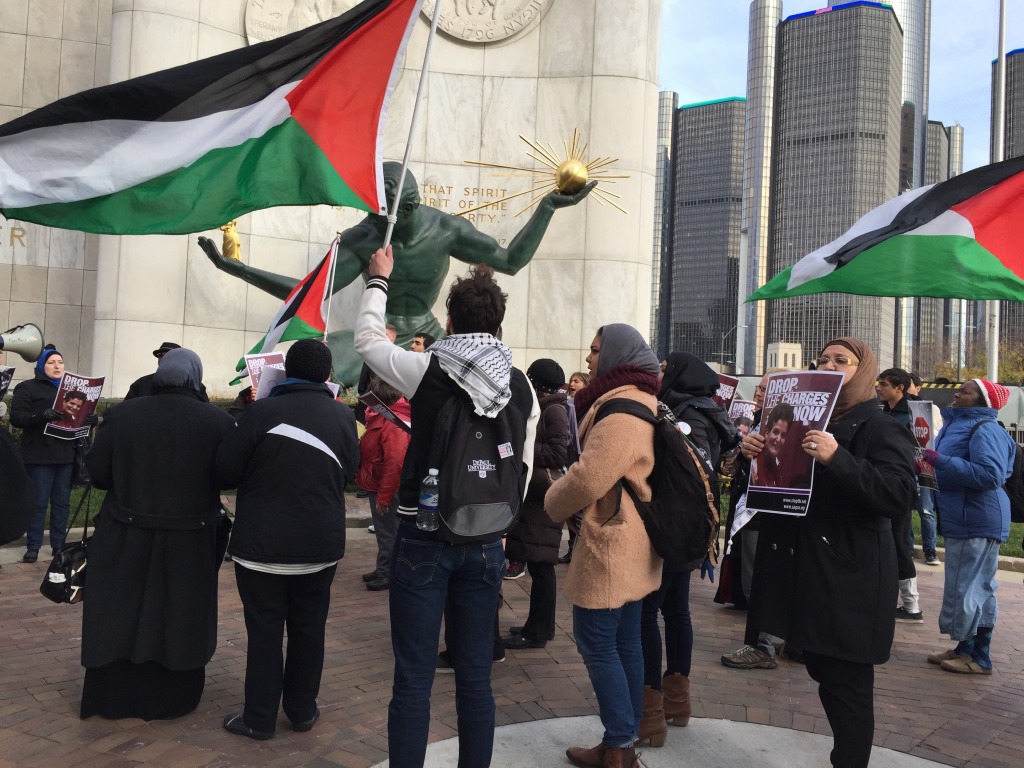 Rasmea Odeh’s supporters marched through downtown Detroit after the Palestinian-American community leader was taken into custody.