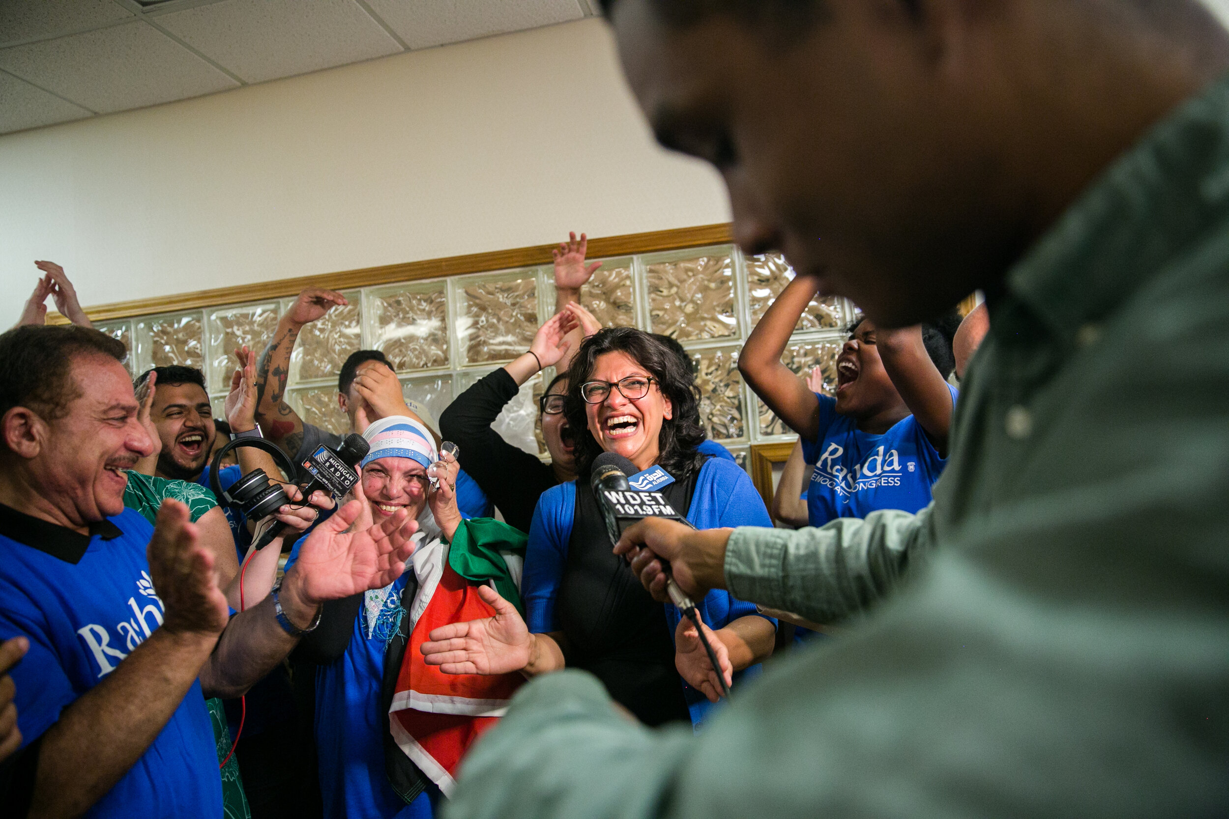  U.S. Rep. Rashida Tlaib celebrates with friends, family, and supporters in Detroit, Mich., as the results from the primary election for Michigan's 13th Congressional District were announced in her favor, Tuesday, Nov. 6, 2018. 