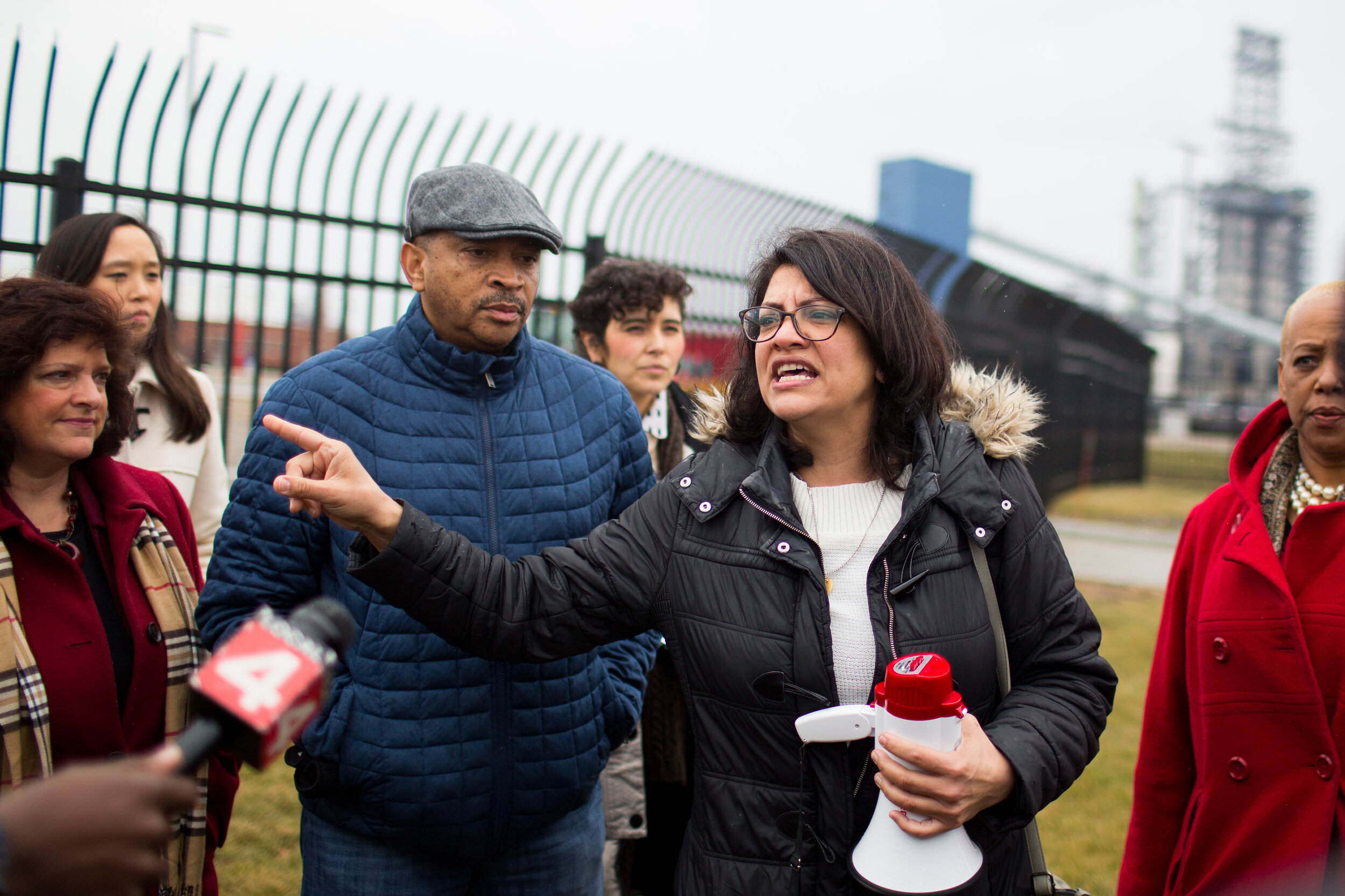  U.S. Rep. Rashida Tlaib speaks at a protest near the Marathon Petroleum Co. oil refinery in Detroit, Mich., on Monday, Feb. 4, 2019 after a malfunctioning flare released foul-smelling chemicals into the air, which many nearby residents alleged made 