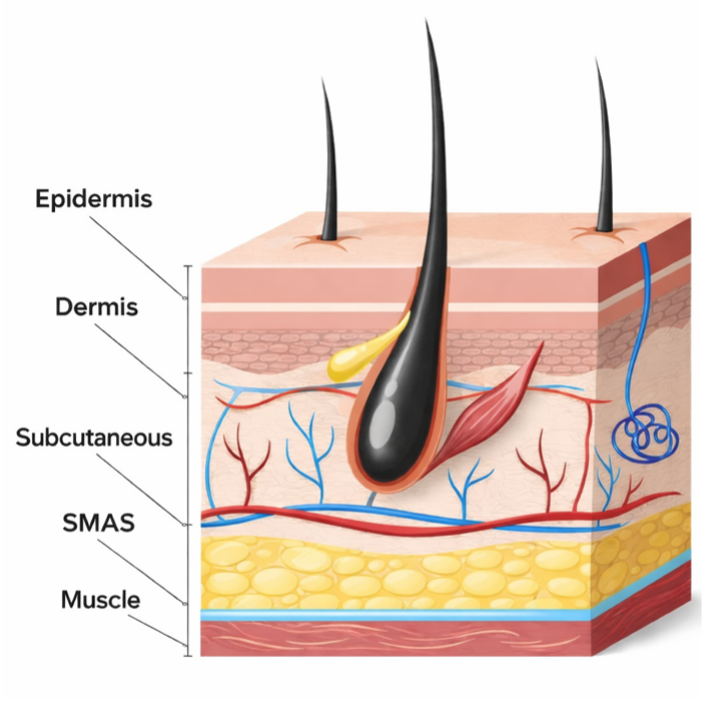 Anatomy of the face showing Skin, Fat, SMAS, and Muscle layers targeted by EMFACE®.