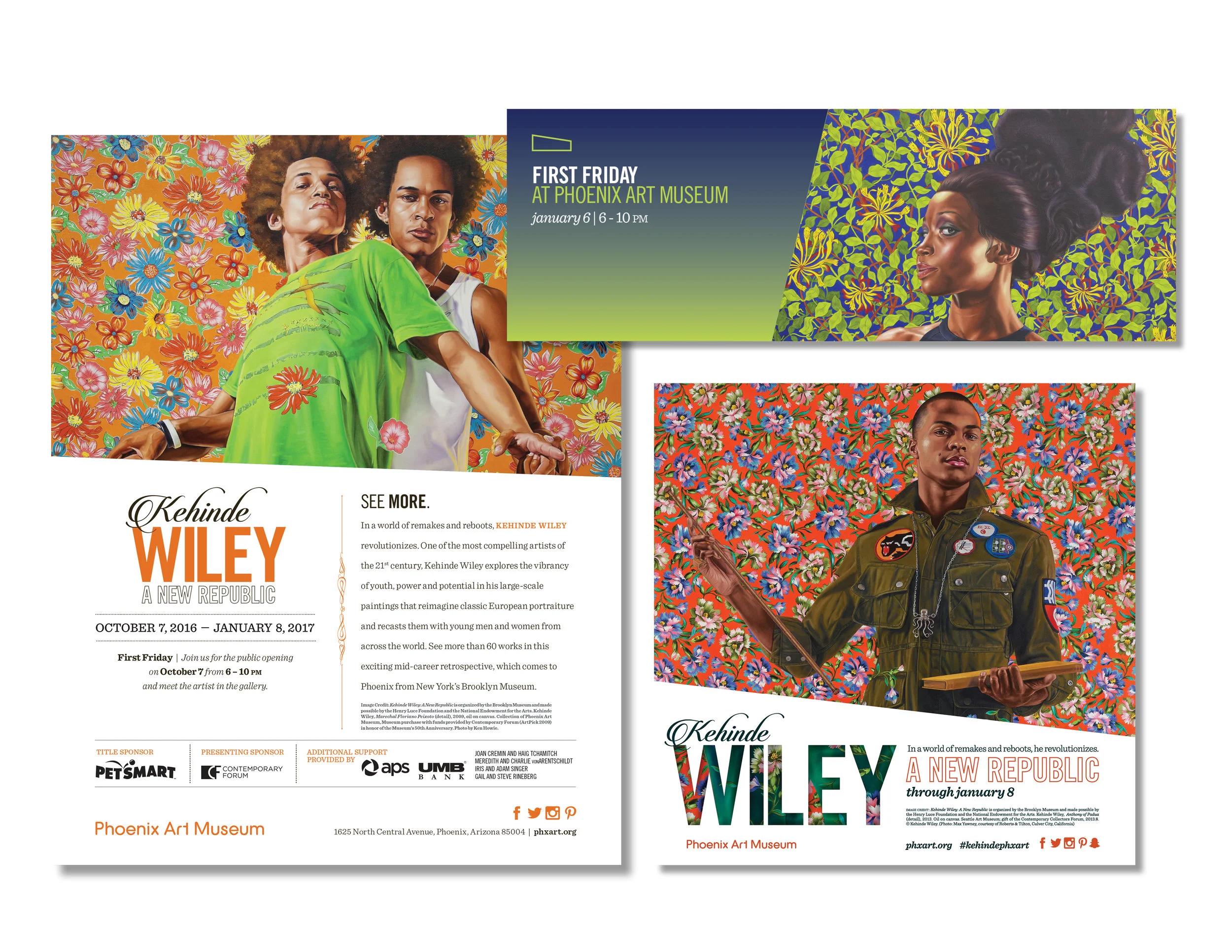 Various digital and print advertisements for Kehinde Wiley exhibition