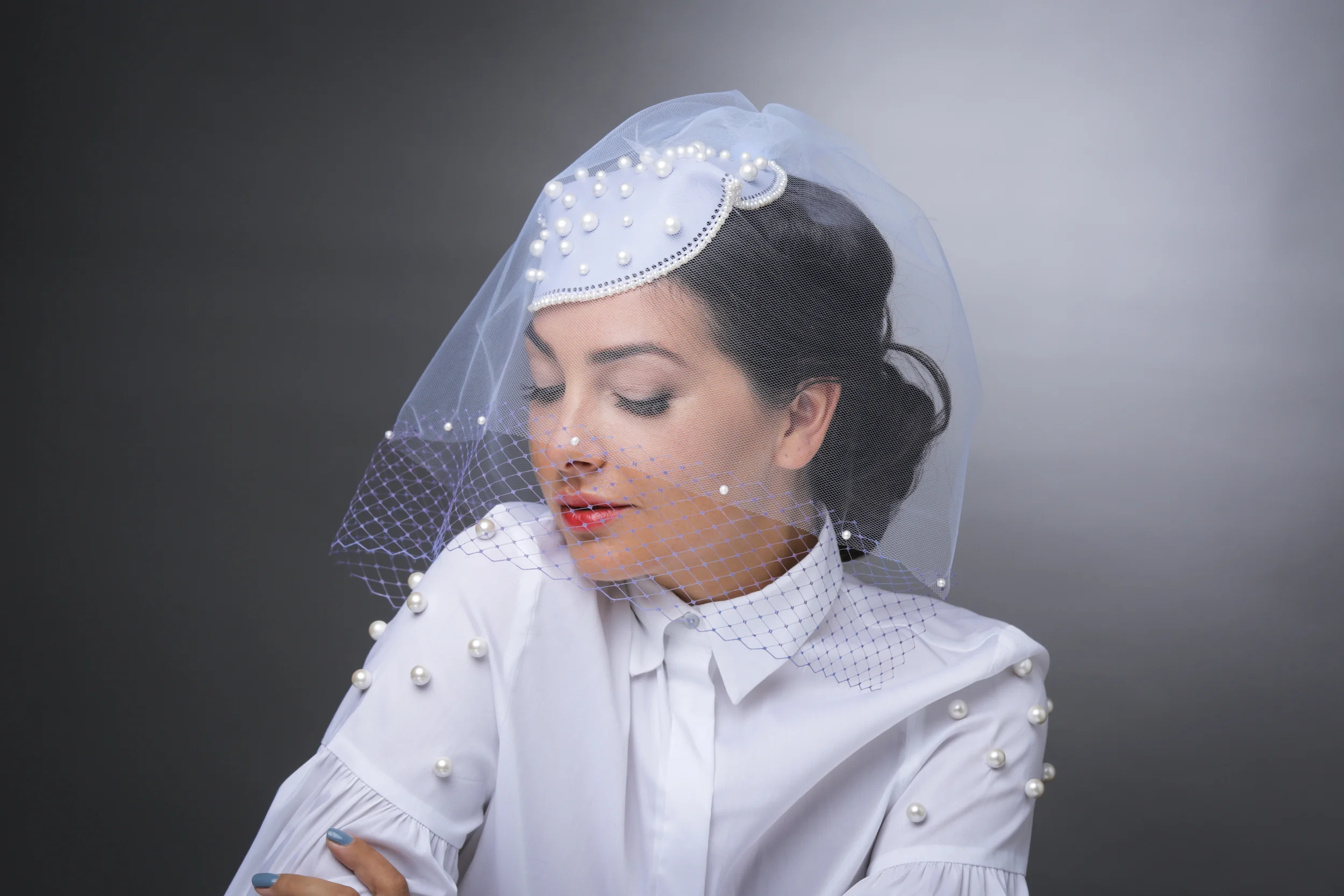 CAT EAR HEADBAND WITH VEIL AND FRESH WATER PEARLS