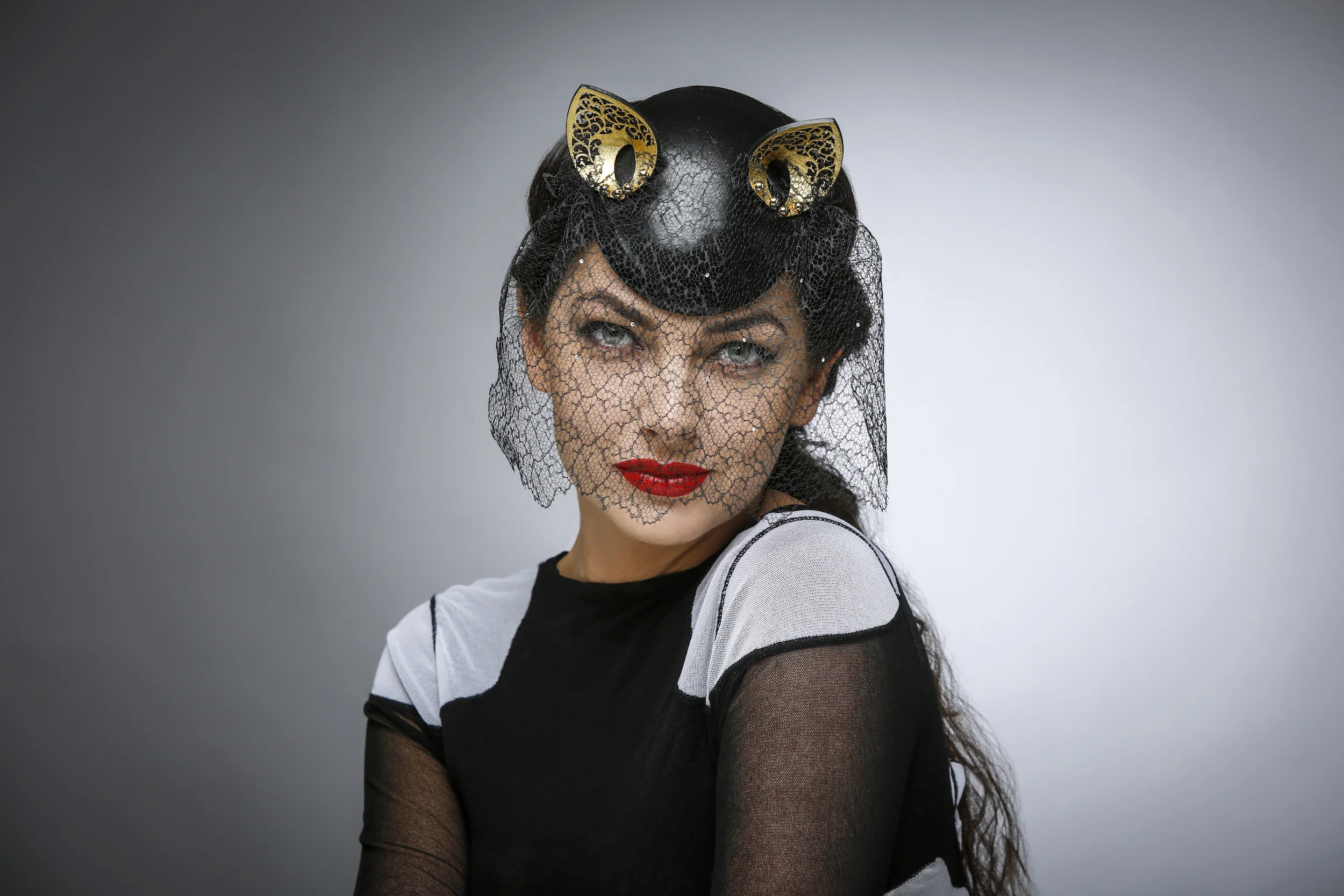 CAT EAR BIBI HAT WITH VINTAGE VEIL AND SWAROVSKI STRASS